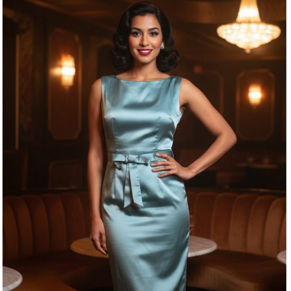 Bettie Page Blue Satin Sheath Dress - Bow Belt